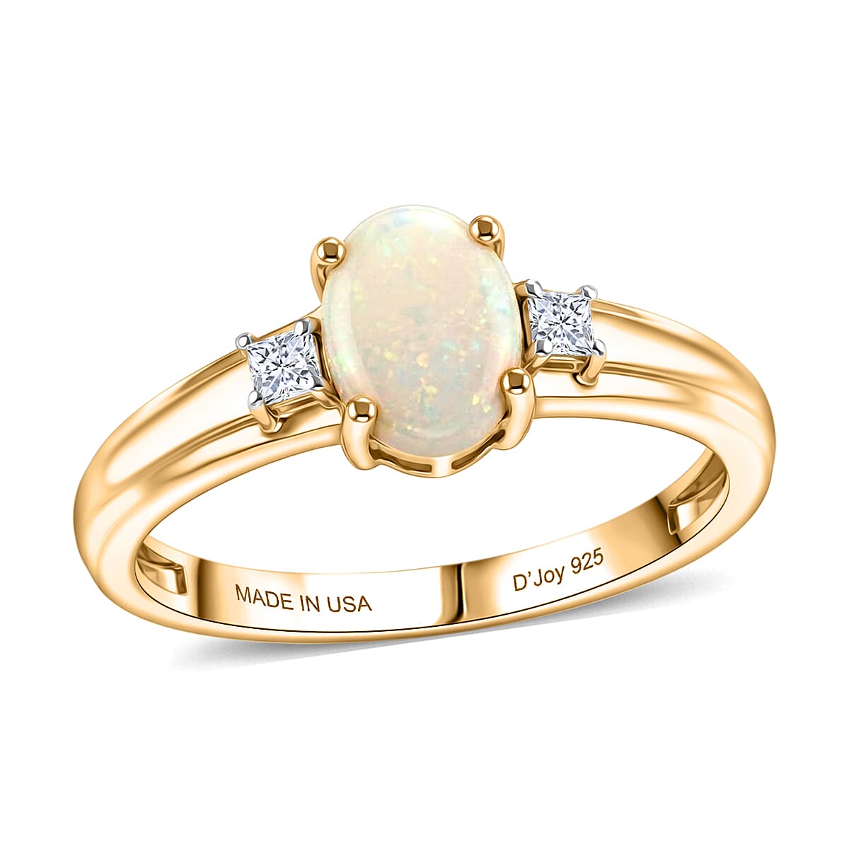 D'Joy Natural Australian Opal and Moissanite 0.85 ctw Trilogy Ring in 18K YG Plated Sterling Silver (Size 5.0)