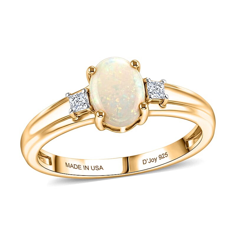 D'Joy Natural Australian Opal and Moissanite 0.85 ctw Trilogy Ring in 18K YG Plated Sterling Silver (Size 5.0)