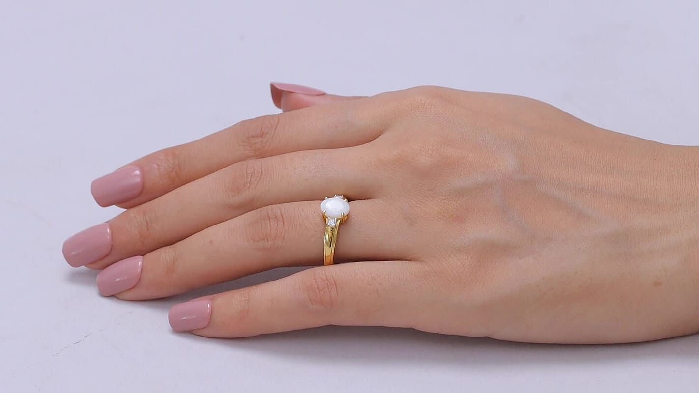 D'Joy Natural Australian Opal, Moissanite Trilogy Ring in 18K YG Plated Sterling Silver (Size 10.0) 0.85 ctw