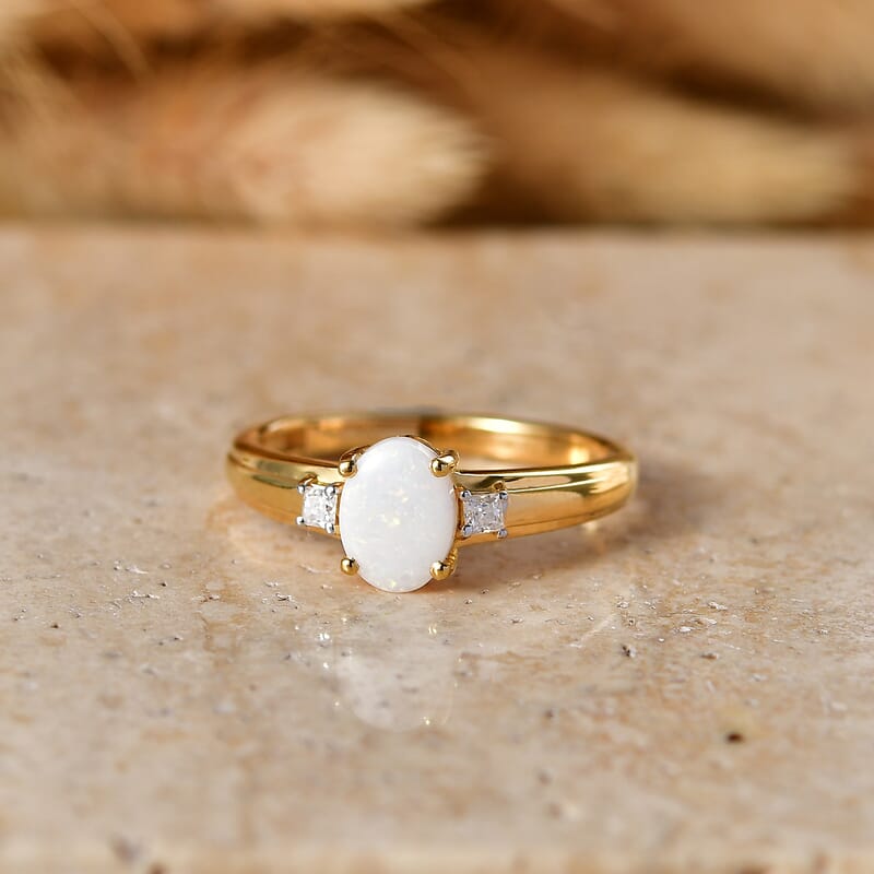 D'Joy Natural Australian Opal and Moissanite 0.85 ctw Trilogy Ring in 18K YG Plated Sterling Silver (Size 6.0)