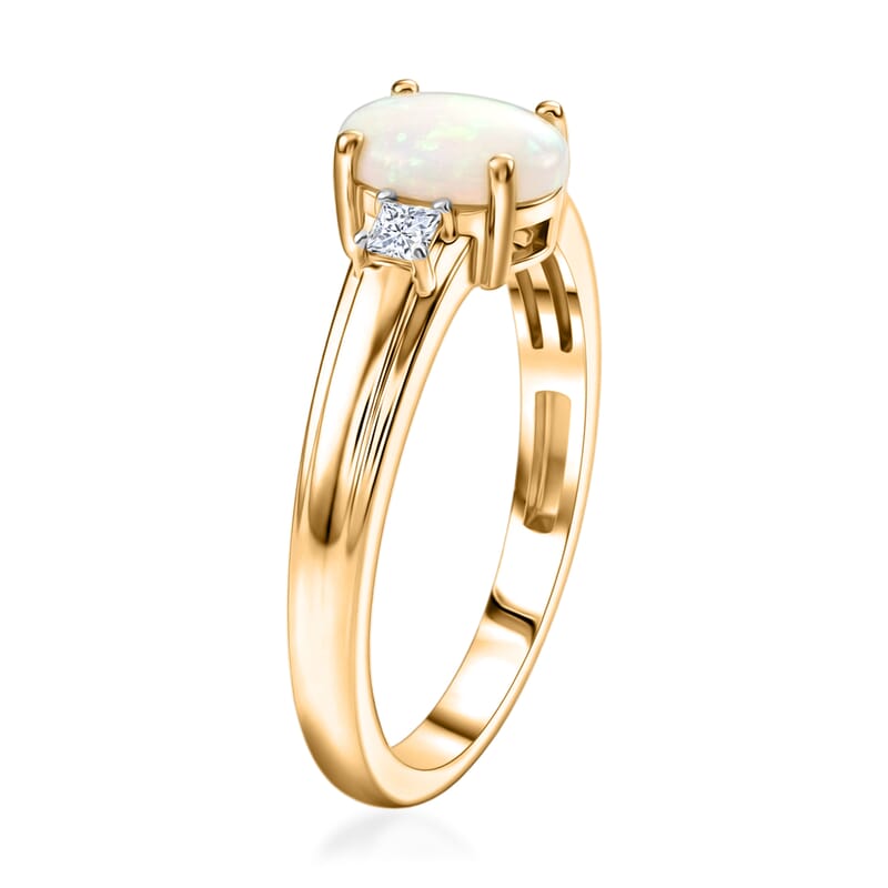 D'Joy Natural Australian Opal and Moissanite 0.85 ctw Trilogy Ring in 18K YG Plated Sterling Silver (Size 6.0)
