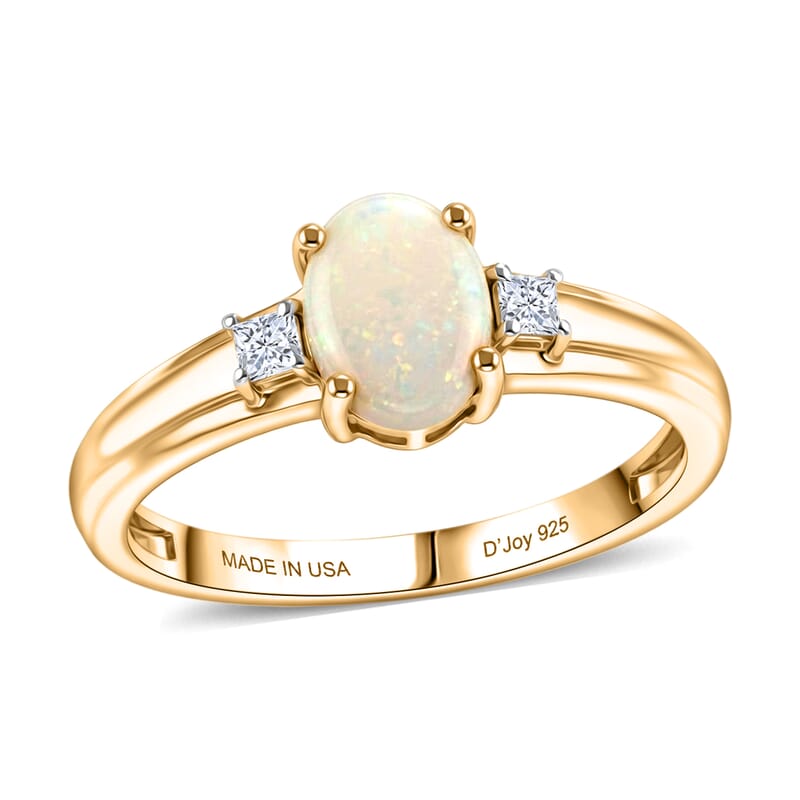 D'Joy Natural Australian Opal and Moissanite 0.85 ctw Trilogy Ring in 18K YG Plated Sterling Silver (Size 7.0)