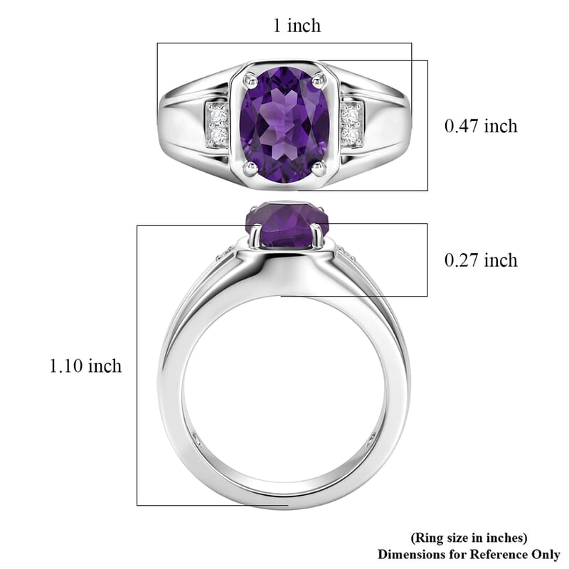 EverTrue AAA Zambian Amethyst and Moissanite 1.65 ctw Men's Ring in Platinum Bond (Size 5.0)