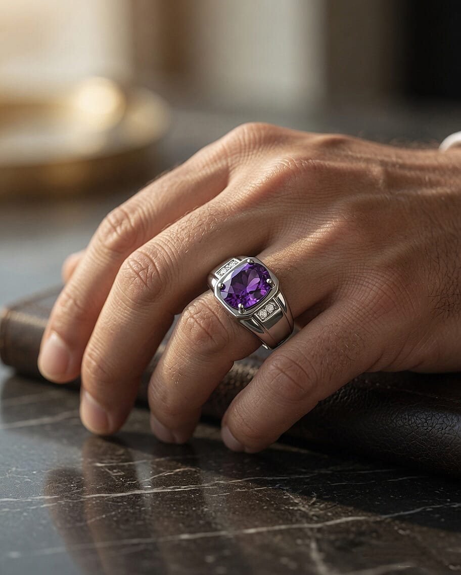 EverTrue AAA Zambian Amethyst and Moissanite 1.65 ctw Men's Ring in Platinum Bond (Size 6.0)
