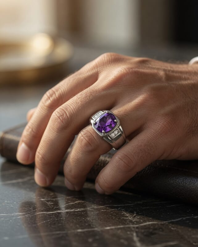 EverTrue AAA Zambian Amethyst and Moissanite 1.65 ctw Men's Ring in Platinum Bond (Size 6.0)
