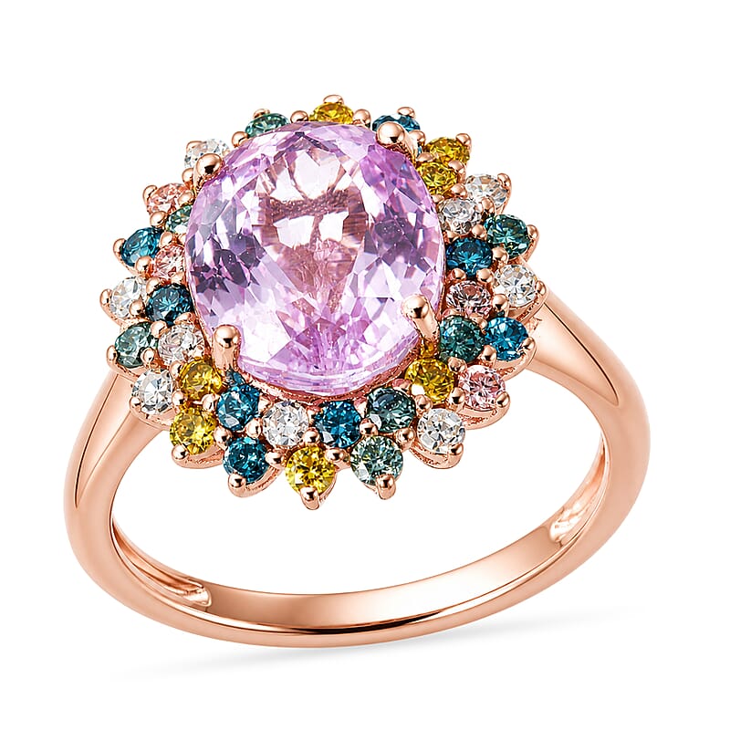 Premium Martha Rocha Kunzite and Luxuriant Lab Grown Multi Diamond (IR) SI 4.40 ctw Blush Floral Burst Ring in 18K Vermeil Rose Gold Over Sterling Silver (Size  10.0)