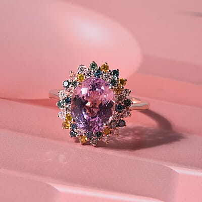 Premium Martha Rocha Kunzite and Luxuriant Lab Grown Multi Diamond (IR) SI 4.40 ctw Blush Floral Burst Ring in 18K Vermeil Rose Gold Over Sterling Silver (Size  10.0)