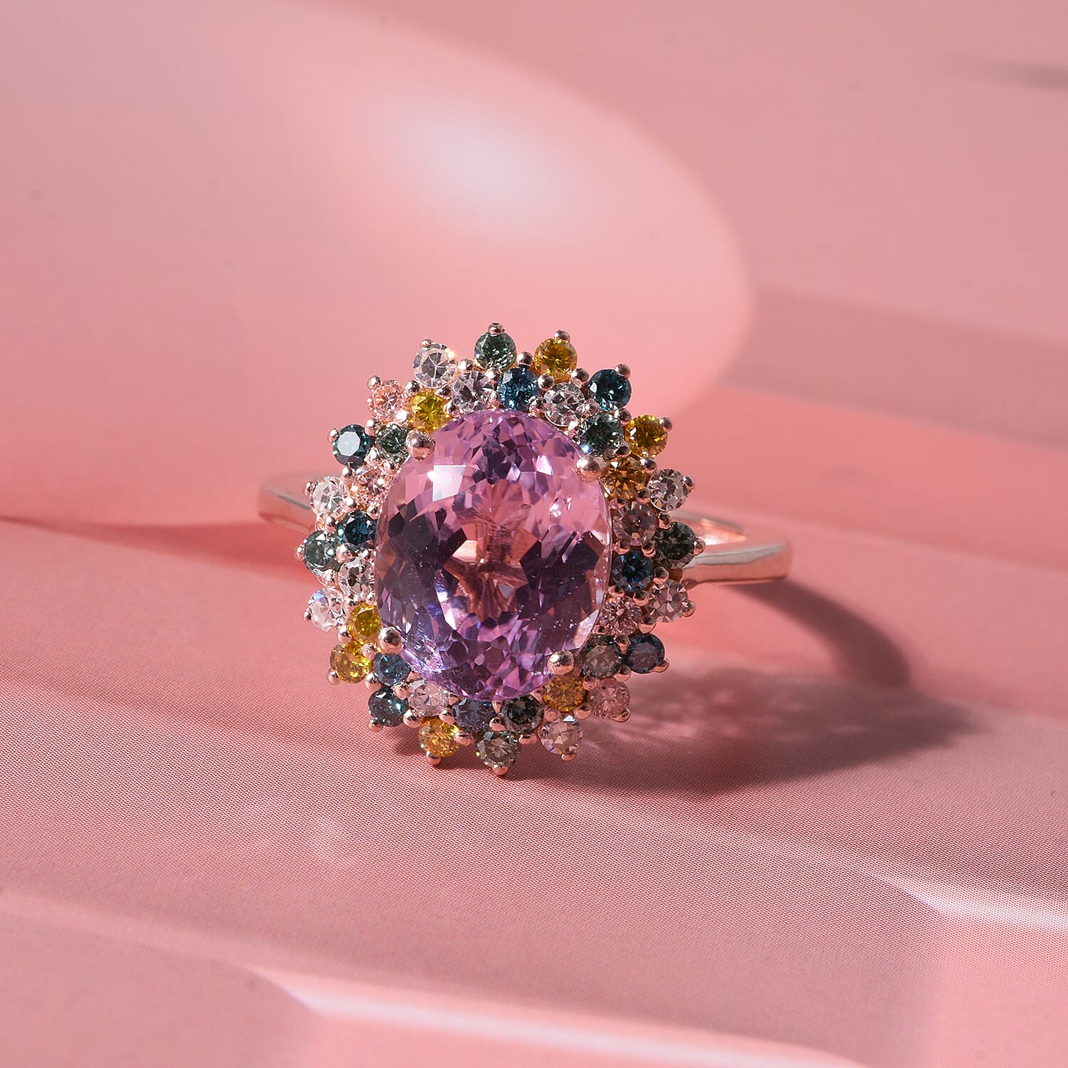 Premium Martha Rocha Kunzite, Luxuriant Lab Grown Multi Diamond (IR) (SI) Ring in 18K Vermeil RG Over Sterling Silver (Size 10.0) 4.40 ctw