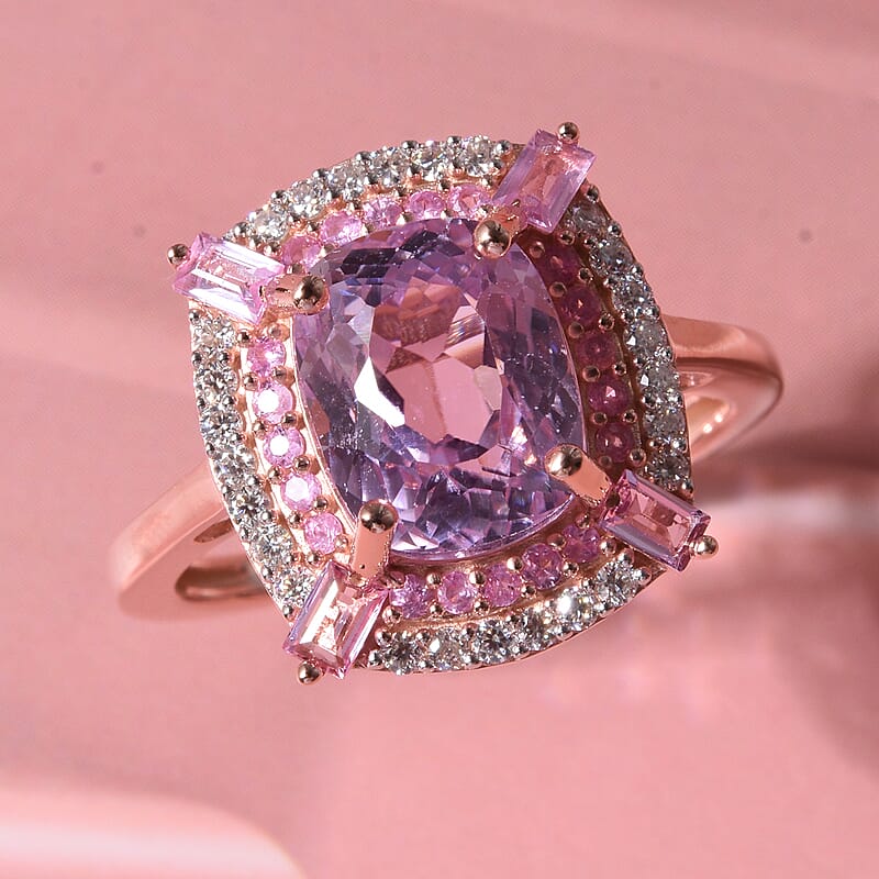 D'Joy Premium Martha Rocha Kunzite and Multi Gemstone 4.75 ctw Blush Cushion Halo Ring in 18K Vermeil Rose Gold Over Sterling Silver (Size  10.0)