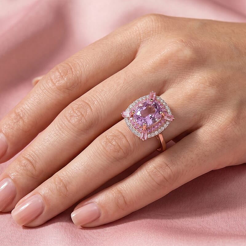 D'Joy Premium Martha Rocha Kunzite and Multi Gemstone 4.75 ctw Blush Cushion Halo Ring in 18K Vermeil Rose Gold Over Sterling Silver (Size  10.0)