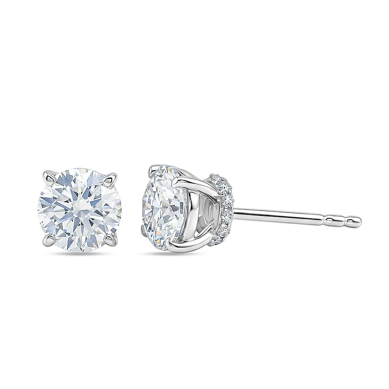 D'Joy Certified Moissanite (D-E, VVS1- VVS2) 1.70 ctw Forever Sparkle Stud Earrings in Rhodium Over Sterling Silver