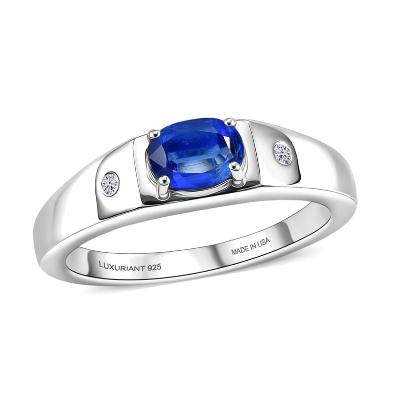 Premium Kashmir Kyanite and Luxuriant Lab Grown Diamond G-H SI 1.10 ctw Men's Ring in Rhodium Over Sterling Silver (Size 11.0)