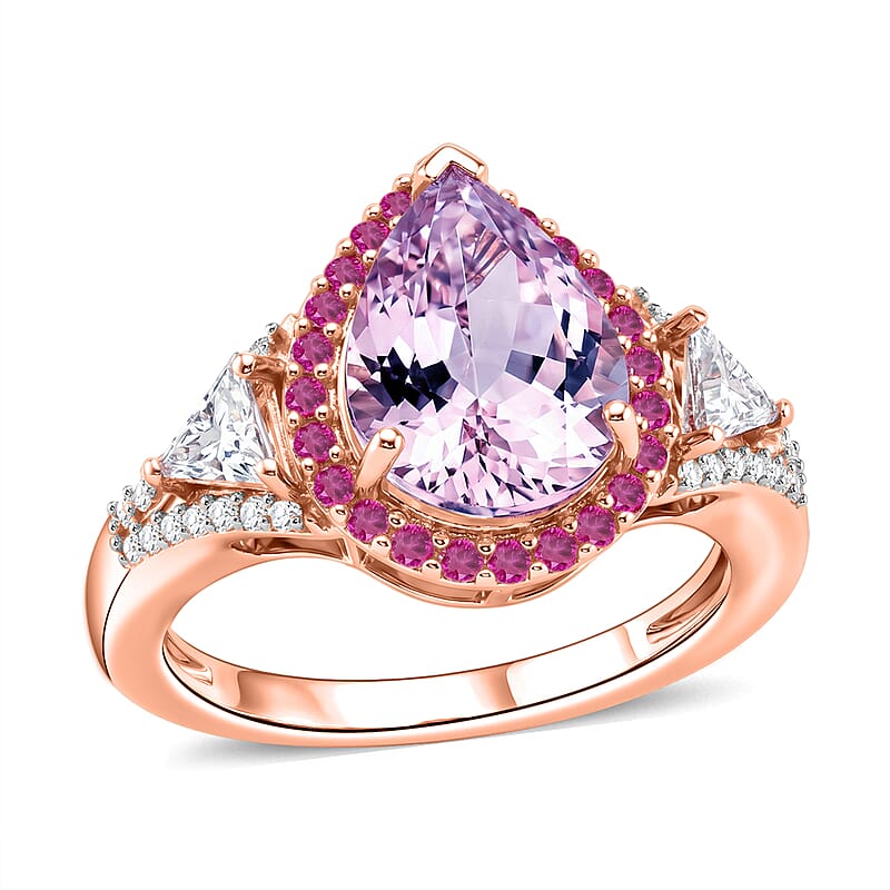 D'Joy Premium Martha Rocha Kunzite and Multi Gemstone 5.50 ctw Blush Teardrop Halo Ring in 18K Vermeil Rose Gold Over Sterling Silver (Size  10.0)