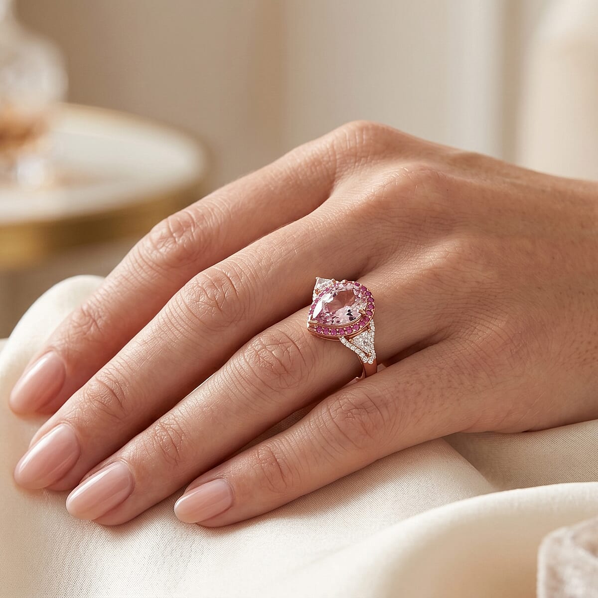 D'Joy Premium Martha Rocha Kunzite and Multi Gemstone 5.50 ctw Blush Teardrop Halo Ring in 18K Vermeil Rose Gold Over Sterling Silver (Size  10.0) image number 2