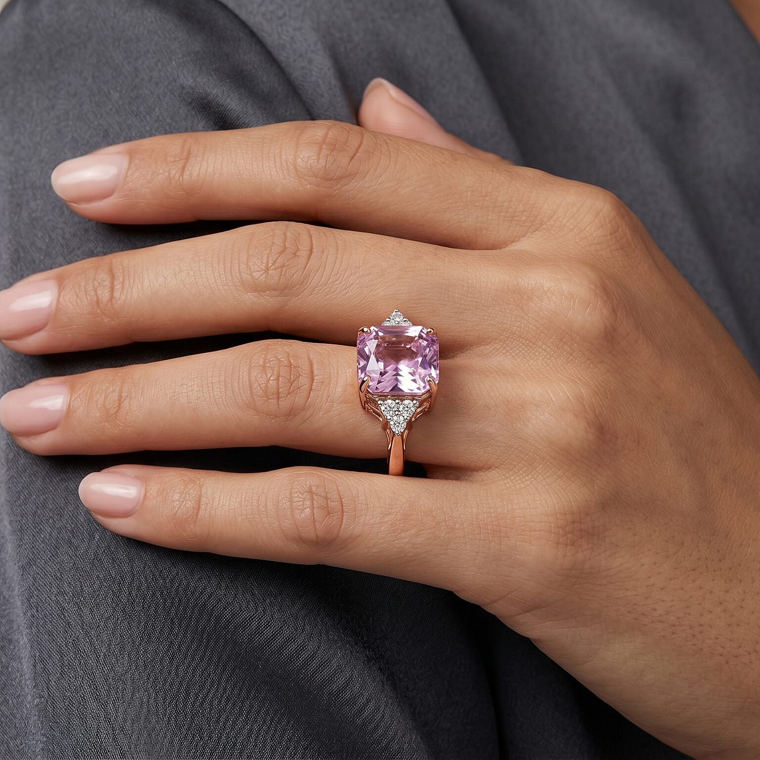 Asscher Cut Premium Martha Rocha Kunzite and Luxuriant Lab Grown Diamond G-H SI 6.50 ctw Blush Solitaire Sparkle Ring in 18K Vermeil Rose Gold Over Sterling Silver (Size  6.0)