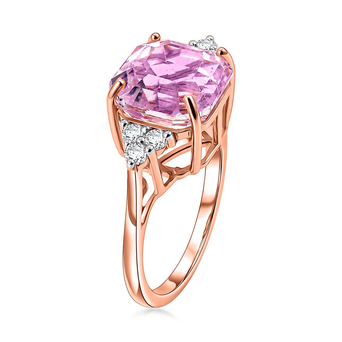 Asscher Cut Premium Martha Rocha Kunzite and Luxuriant Lab Grown Diamond G-H SI 6.50 ctw Blush Solitaire Sparkle Ring in 18K Vermeil Rose Gold Over Sterling Silver (Size  6.0)