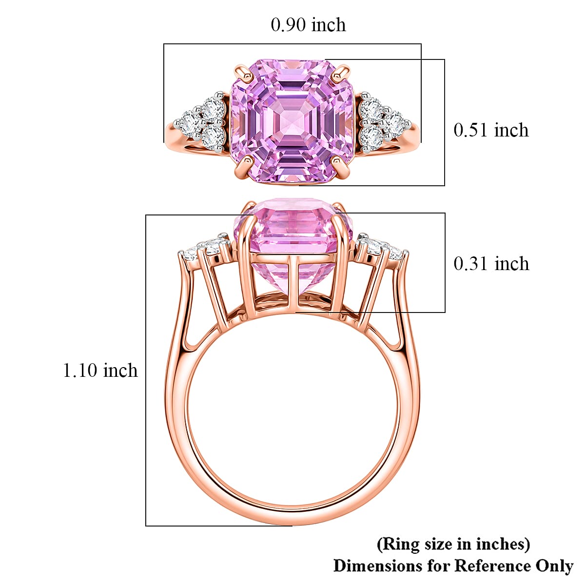 Asscher Cut Premium Martha Rocha Kunzite and Luxuriant Lab Grown Diamond G-H SI 6.50 ctw Blush Solitaire Sparkle Ring in 18K Vermeil Rose Gold Over Sterling Silver (Size  6.0)