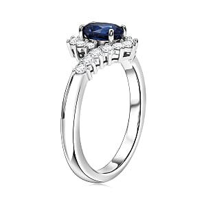 D'Joy Premium Kashmir Kyanite and Moissanite 0.90 ctw Royal Curve Ring in Rhodium Over Sterling Silver (Size 10.0)