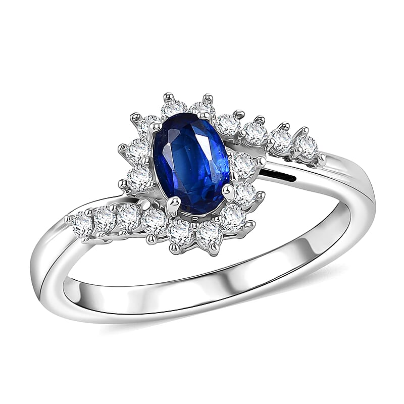 D'Joy Premium Kashmir Kyanite and Moissanite 0.90 ctw Royal Curve Ring in Rhodium Over Sterling Silver (Size 6.0)