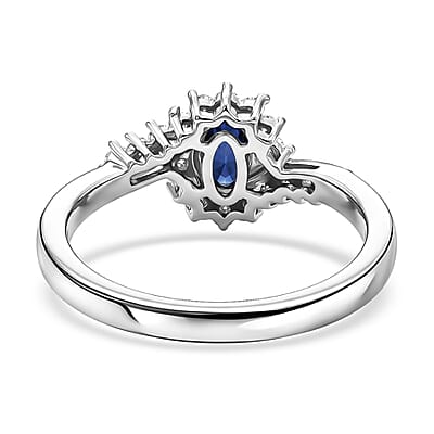 D'Joy Premium Kashmir Kyanite and Moissanite 0.90 ctw Royal Curve Ring in Rhodium Over Sterling Silver (Size 6.0)