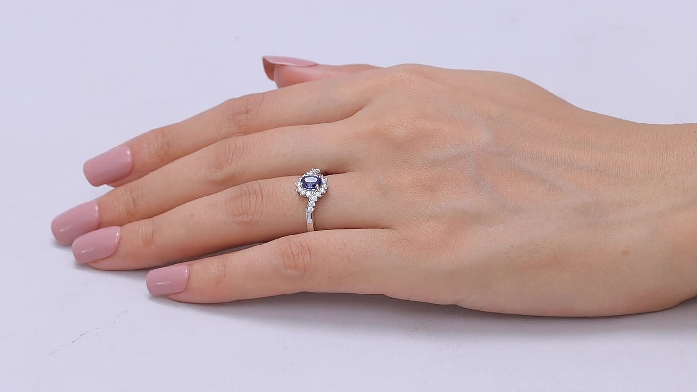 D'Joy Premium Kashmir Kyanite, Moissanite Ring in Rhodium Over Sterling Silver (Size 10.0) 0.90 ctw