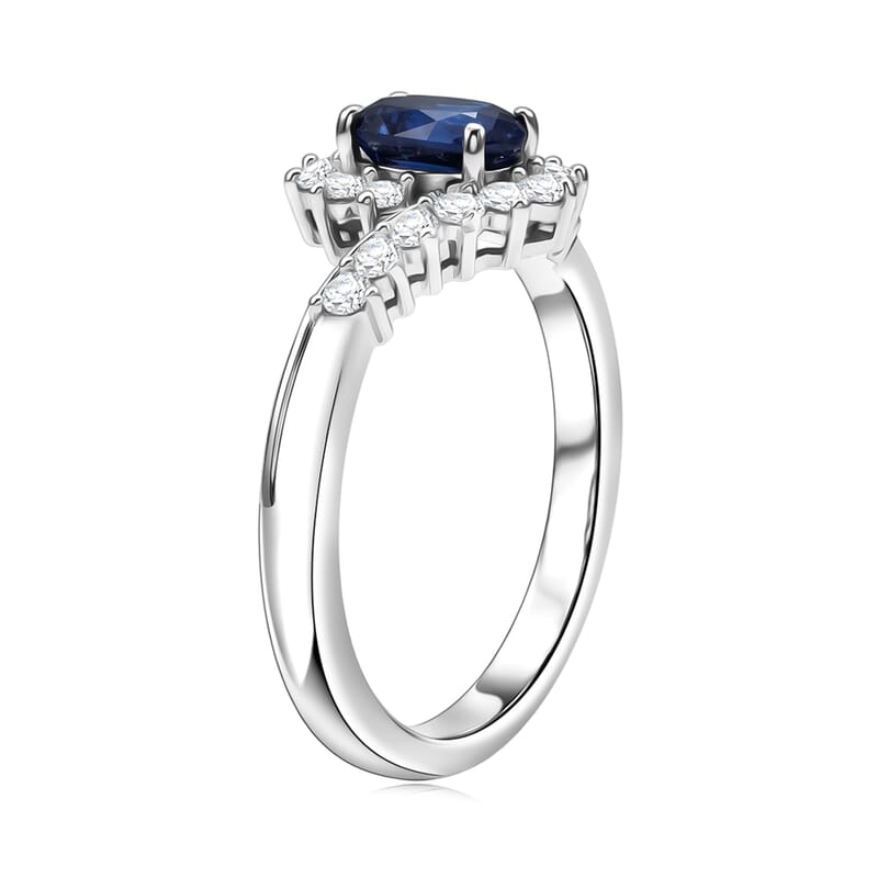 D'Joy Premium Kashmir Kyanite and Moissanite 0.90 ctw Royal Curve Ring in Rhodium Over Sterling Silver (Size 7.0)