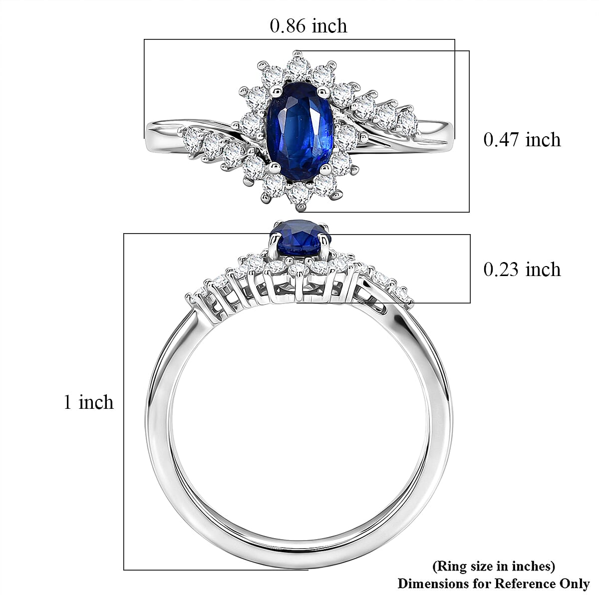 D'Joy Premium Kashmir Kyanite and Moissanite 0.90 ctw Royal Curve Ring in Rhodium Over Sterling Silver (Size 7.0)