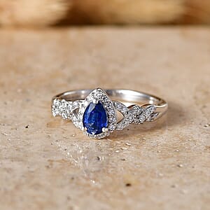D'Joy Premium Kashmir Kyanite and Moissanite 0.90 ctw Royal Pear Spark Ring in Rhodium Over Sterling Silver (Size 10.0)