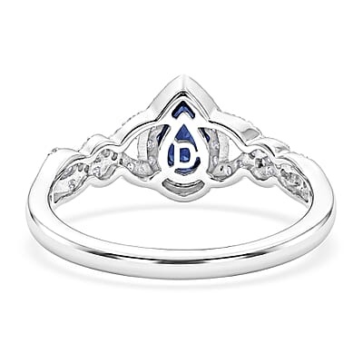 D'Joy Premium Kashmir Kyanite and Moissanite 0.90 ctw Royal Pear Spark Ring in Rhodium Over Sterling Silver (Size 6.0)