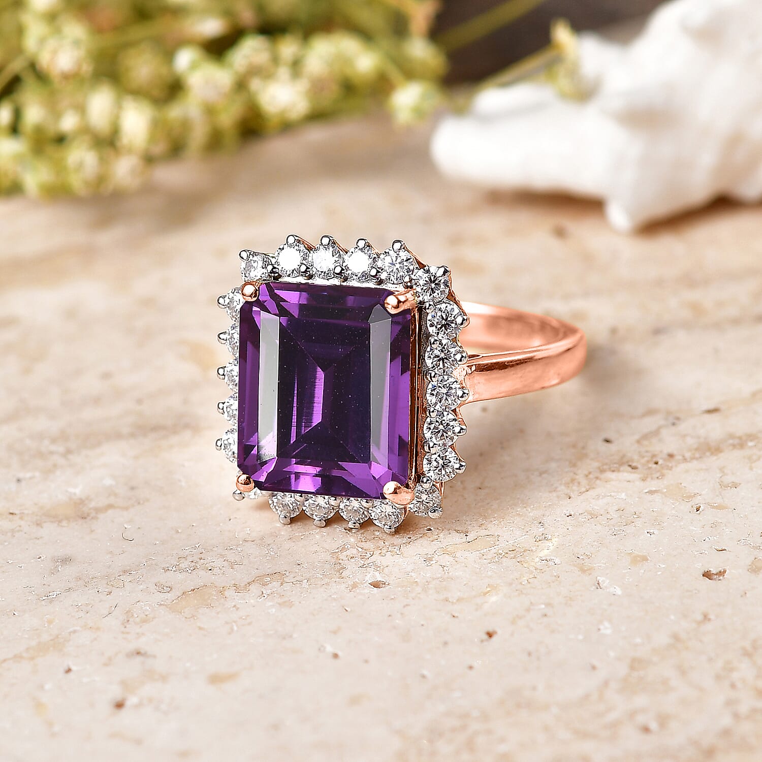 D'Joy Lab Grown Color Change Sapphire and Moissanite 9.25 ctw Ring in 18K Vermeil Rose Gold Over Sterling Silver (Size 4.0)