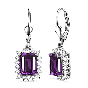 D'Joy Lab Grown Color Change Sapphire and Moissanite 6.80 ctw Earrings in Rhodium Over Sterling Silver