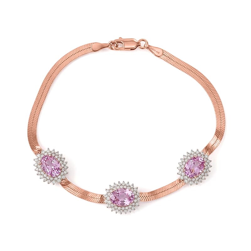 D'Joy Premium Martha Rocha Kunzite and White Zircon 7.60 ctw Blush Halo Stations Bracelet in 18K Vermeil Rose Gold Over Sterling Silver (6.50 In)