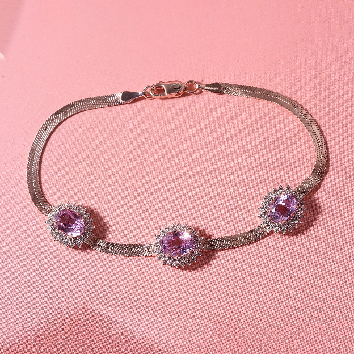 D'Joy Premium Martha Rocha Kunzite and White Zircon 7.60 ctw Blush Halo Stations Bracelet in 18K Vermeil Rose Gold Over Sterling Silver (6.50 In)