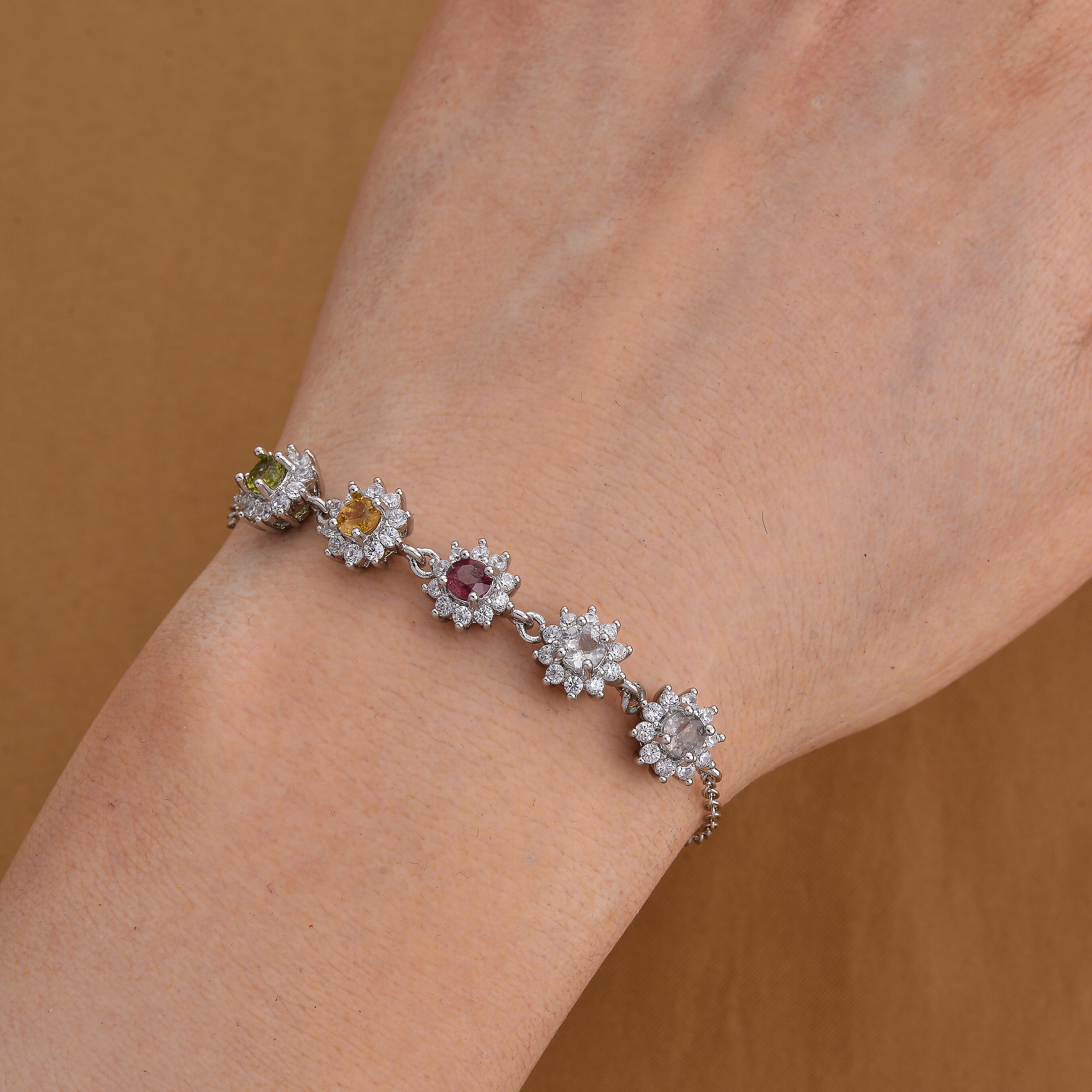 Multi-Tourmaline and Simulated Diamond 6.00 ctw Bracelet in Silvertone (6-7.25In)