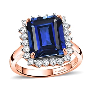 D'Joy Lab Grown Ceylon Blue Sapphire and Moissanite 9.25 ctw Ring in 18K Vermeil Rose Gold Over Sterling Silver (Size 11.0)