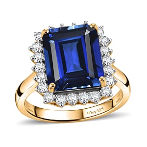 D'Joy Lab Grown Ceylon Blue Sapphire and Moissanite 9.25 ctw Ring in 18K Vermeil Yellow Gold Over Sterling Silver (Size 12.0)