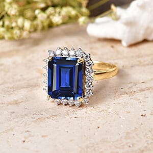 D'Joy Lab Grown Ceylon Blue Sapphire and Moissanite 9.25 ctw Ring in 18K Vermeil Yellow Gold Over Sterling Silver (Size 6.0)
