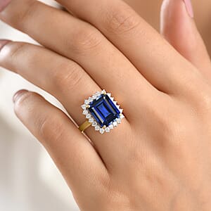 D'Joy Lab Grown Ceylon Blue Sapphire and Moissanite 9.25 ctw Ring in 18K Vermeil Yellow Gold Over Sterling Silver (Size 7.5)