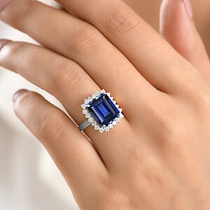 D'Joy Lab Grown Ceylon Blue Sapphire and Moissanite 9.25 ctw Ring in Rhodium Over Sterling Silver (Size 4.0)