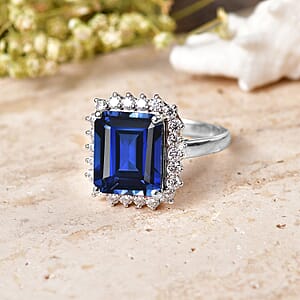 D'Joy Lab Grown Ceylon Blue Sapphire and Moissanite 9.25 ctw Ring in Rhodium Over Sterling Silver (Size 6.0)