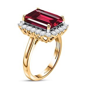D'Joy Lab Grown Padparadscha Sapphire and Moissanite 9.25 ctw Ring in 18K Vermeil Yellow Gold Over Sterling Silver (Size 10.5)