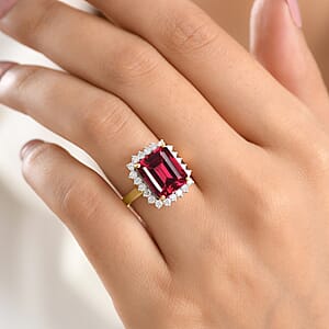 D'Joy Lab Grown Padparadscha Sapphire and Moissanite 9.25 ctw Ring in 18K Vermeil Yellow Gold Over Sterling Silver (Size 11.5)