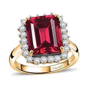 D'Joy Lab Grown Padparadscha Sapphire and Moissanite 9.25 ctw Ring in 18K Vermeil Yellow Gold Over Sterling Silver (Size 6.0)