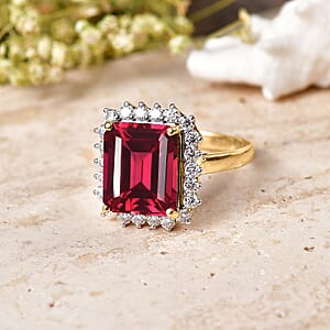 D'Joy Lab Grown Padparadscha Sapphire and Moissanite 9.25 ctw Ring in 18K Vermeil Yellow Gold Over Sterling Silver (Size 6.5)
