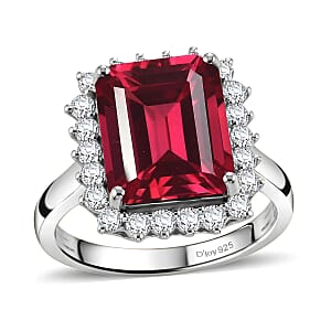 D'Joy Lab Grown Padparadscha Sapphire and Moissanite 9.25 ctw Ring in Rhodium Over Sterling Silver (Size 9.5)