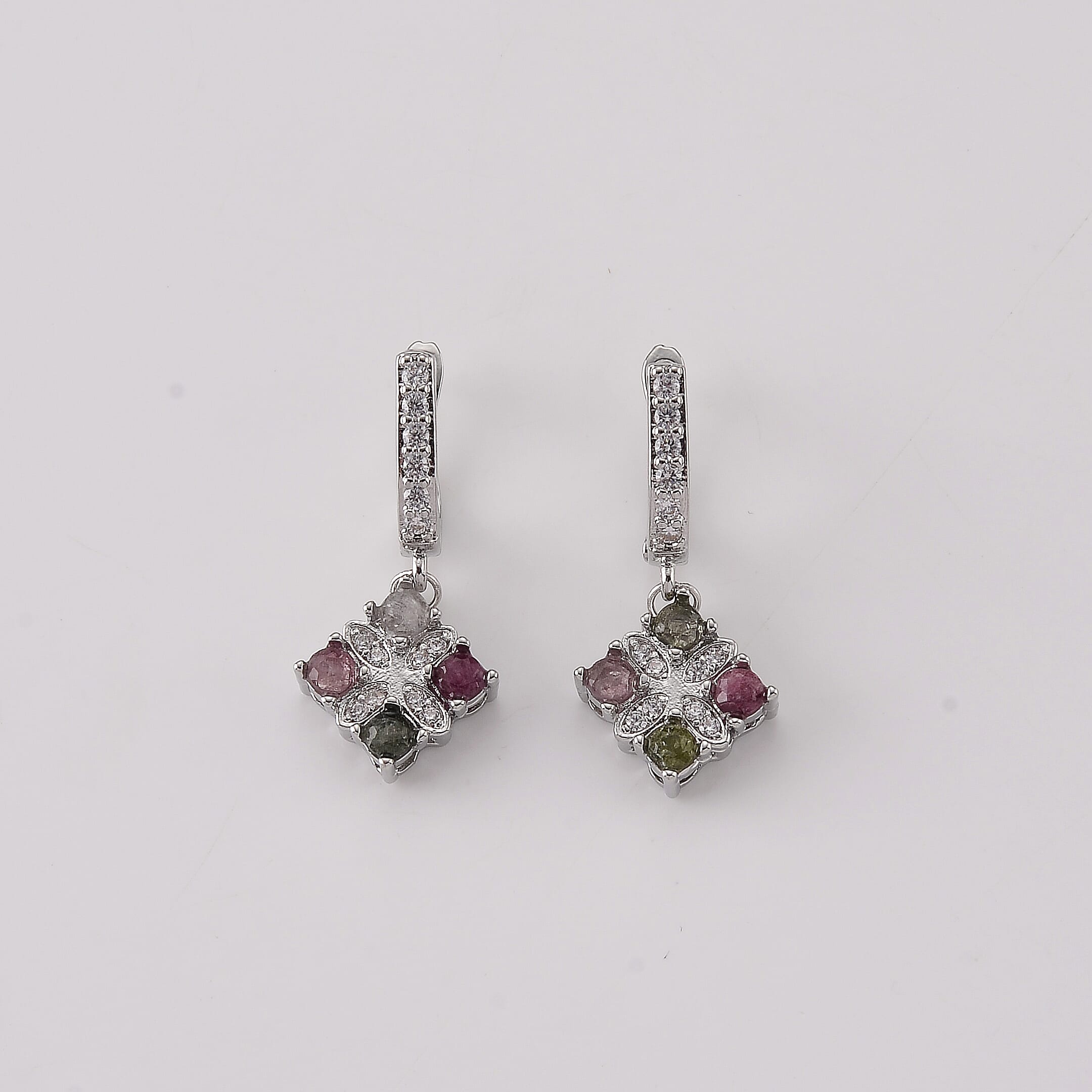 Multi-Tourmaline and Simulated Diamond 5.50 ctw Earrings in Silvertone