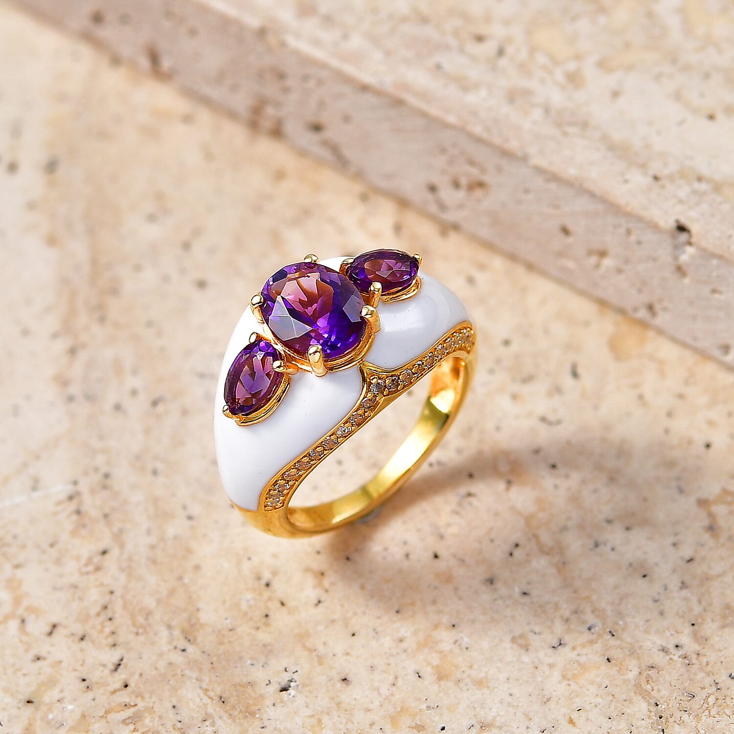 EverTrue Premium Moroccan Amethyst and White Zircon 2.80 ctw Enameled Palace Crown Ring in 18K YG Plated (Size 10.0)