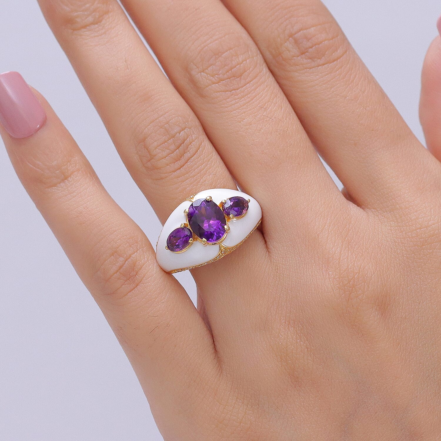 EverTrue Premium Moroccan Amethyst and White Zircon 2.80 ctw Enameled Palace Crown Ring in 18K YG Plated (Size 10.0)