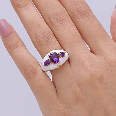 EverTrue Premium Moroccan Amethyst and White Zircon 2.80 ctw Enameled Palace Crown Ring in 18K YG Plated (Size 10.0)