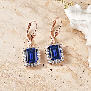 D'Joy Lab Grown Ceylon Blue Sapphire and Moissanite 6.80 ctw Earrings in 18K Vermeil Rose Gold Over Sterling Silver